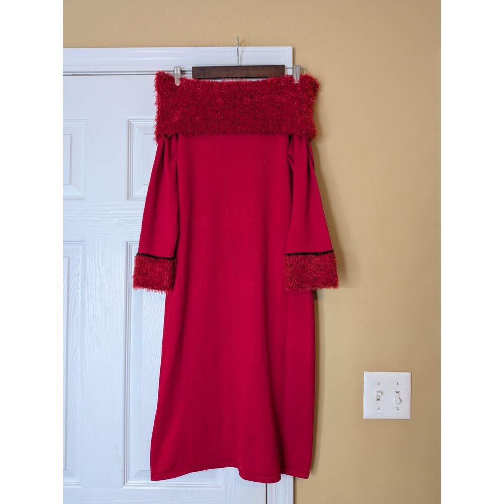 Spense Off-Shoulder Fuzzy Trim Midi Dress Size Small Red Y2K Maximalist Holiday